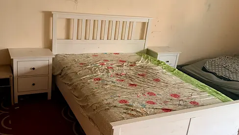 White Wooden Double Bed with Two Nightstands - Good Condition