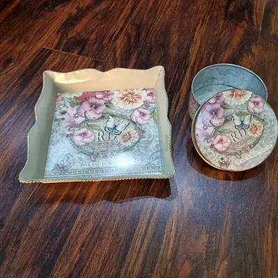 Square Metal Serving Tray & Matching Round Trinket Box Set – Mirdif