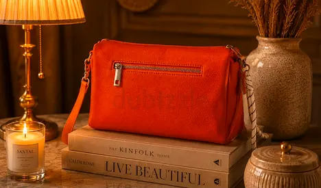 Orange leather crossbody bag — new un used, single zip pocket