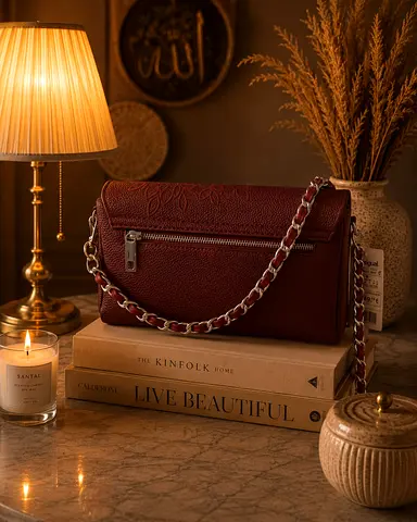 Genuine Leather Burgundy Crossbody Bag with Chain Strap