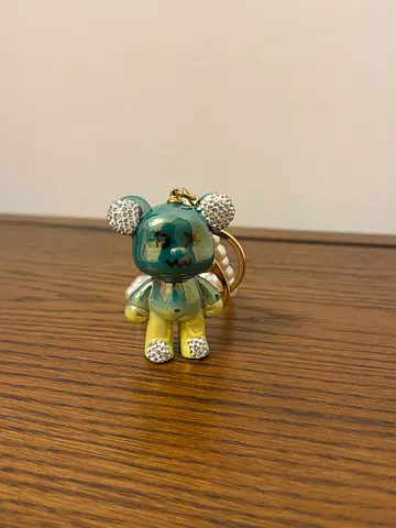 Small Glass Teddy Bear Figurine with Rhinestone Accents - Keychain/Charm