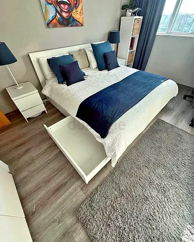 Ikea King white Malm bed frame with Ikea King mattress