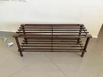 Used wooden 3-tier shoe rack / low bench — compact and sturdy