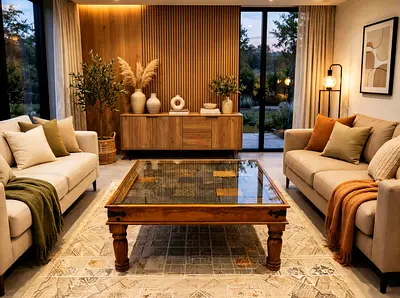 Marina wooden vintage coffee table with inside marble design Top Glass