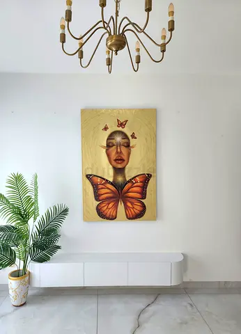 Original Oil Painting Surreal Butterfly  Awakening with 24k Gold
