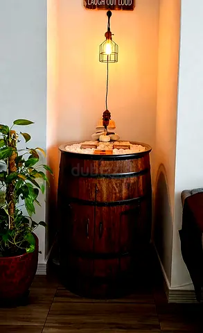 Solid Wood Rustic Barrel Corner Cabinet with Tempered Glass Top