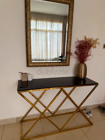 Gold Metal Frame Console Table with Black Shelf and Mirror (Set)