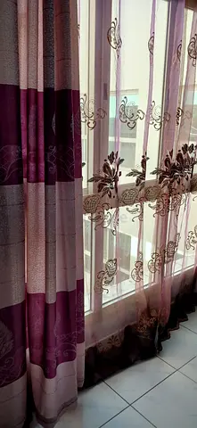 Sheer embroidered floral curtains - set of panels, light pink/beige with rods