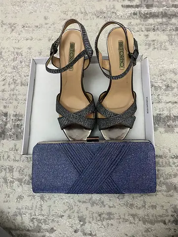 Navy glitter heels with matching clutch, size 38