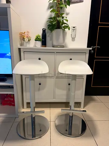 IKEA Bar Tool Pair of modern white adjustable bar stools with chrome base