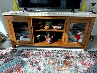 Wooden TV Console Cabinet with Glass Doors - Medium Brown
