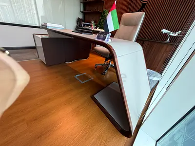 Modern curved executive office leather desk - high gloss wood and leather finish + chair