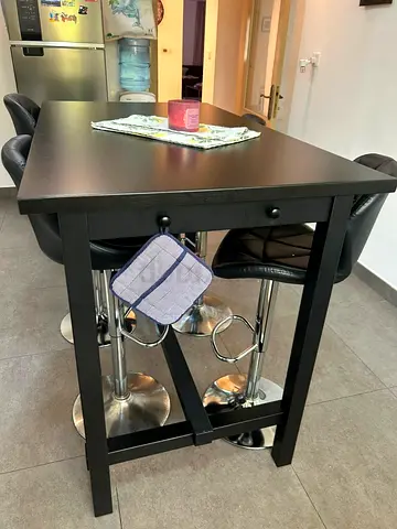 Solid Black Kitchen Island / Bar Table with Storage Hooks and Four Chairs
