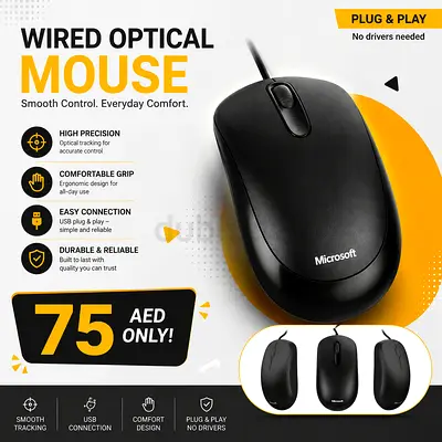 Microsoft Wired Optical USB Mouse - Black, Plug & Play