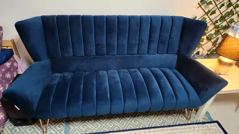 Blue Velvet 3-Seater Sofa with Gold Legs - Good Condition Danube Home