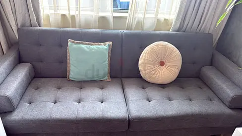 Grey 3-Seater Tufted Sofa - Good Condition
