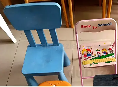 Two Kids Chairs (Blue Wooden and Pink Folding "Back to School")
