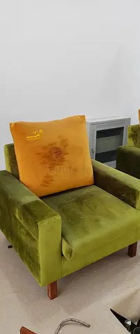 Green Velvet Armchair with Orange Cushion 5 pcs