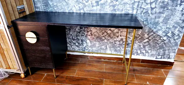 Dark Wood Writing Desk with Brass Legs and Side Drawer - Good Condition