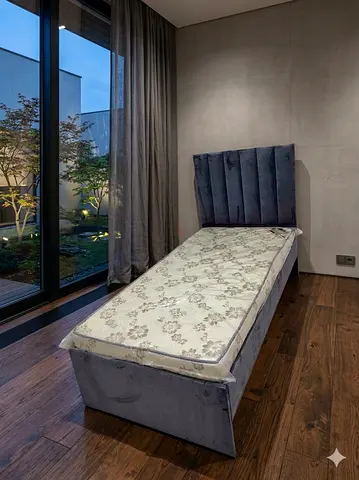 Single upholstered bed with mattress - grey velvet, brand new