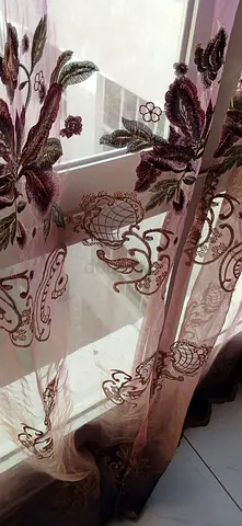 Sheer embroidered floral curtains - set of panels, light pink/beige with rods