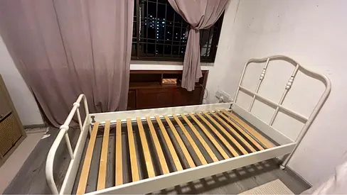 Ikea Sagstua White Metal Single/Small Double Bed Frame with Wooden Slats
