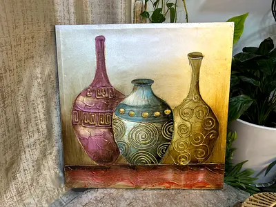 Hand painted Canvas Wall Art Featuring Three Decorative Vases