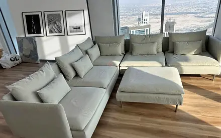 Modern L-Shape Sofa with elegant finishing and premium comfort. Built with a strong wooden frame and