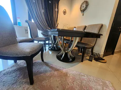 Wooden Dining Table with 6 Upholstered Chairs - Good Condition