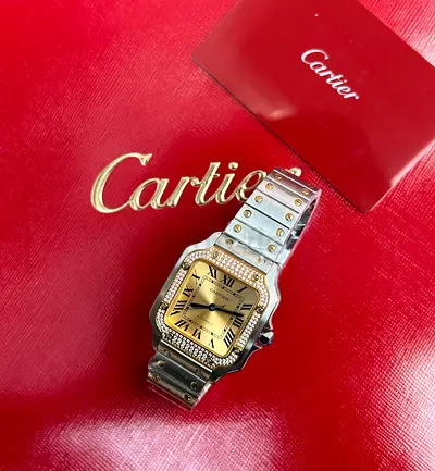 This is a Cartier Santos de Cartier (Model W3SA0007) featuring a stainless steel and 18K yellow gold
