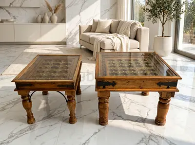 Marina Solid Wood Side Tables with Brass Art Finish