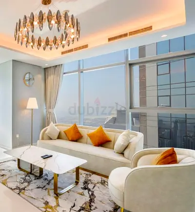 Modern cream sofa set with chandelier