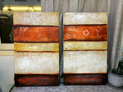 Pair of luxury handmade Abstract Textured Canvas Wall Art Panels - Neutral Rust & Cream (100x60cm)