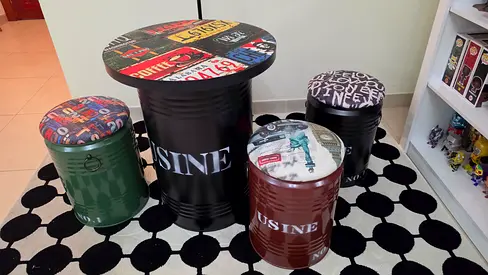 Set of 4 Decorative Drum Table and Stools - Industrial Vintage Style