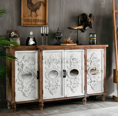 Shabby chic Wooden Sideboard Cabinet with Carved White Doors - Rustic Chic