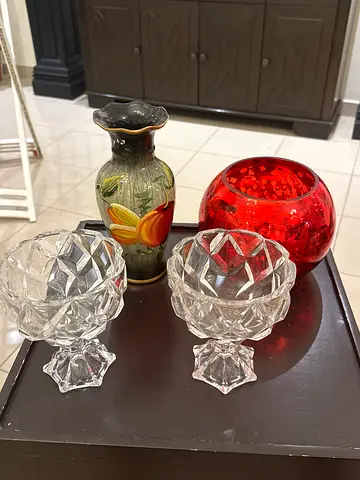 Collection of Decorative Glass Bowls and Painted Vase