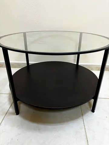 Round Glass Top Coffee Table with Lower Wooden Shelf - Black