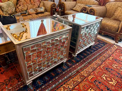 Pair of mirrored cube side tables with glass block design