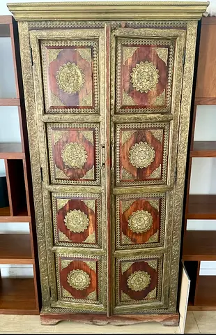 Marina Hand-carved Antique-style Wooden Wardrobe with Brass Inlay