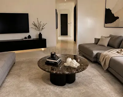 Round Marble-Top Coffee Table - Dark Brown