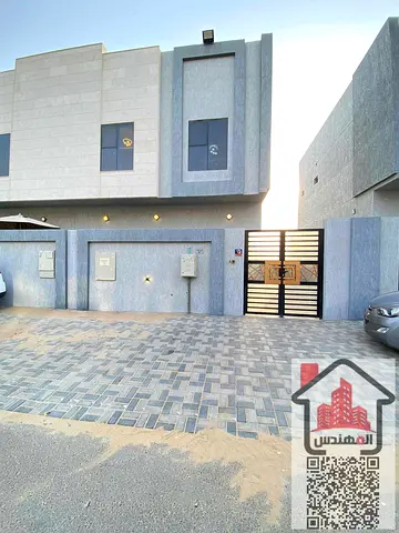 Villa for rent in Ajman, Al Yasmeen area Two-story townhouse 3 master bedrooms with built-in wardrobes Majlis, living room, and store Ask for 80,000 dirhams