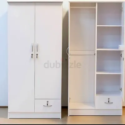 White 2-Door Wardrobe with Shelves and Drawer - Good Condition