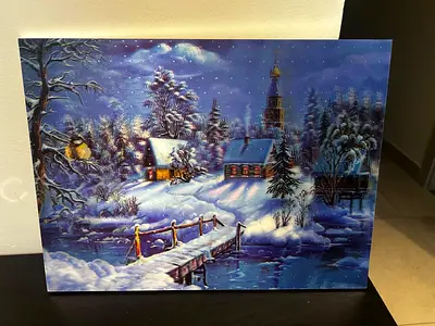 Winter Landscape Painting with Snowy Village and River
