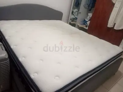 King size mattress with grey upholstered bed base - good condition