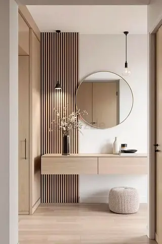 Modern Minimalist Wall Mounted Vanity and Large Circular Mirror Set