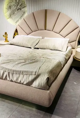 Modern upholstered king bed with scalloped headboard — beige