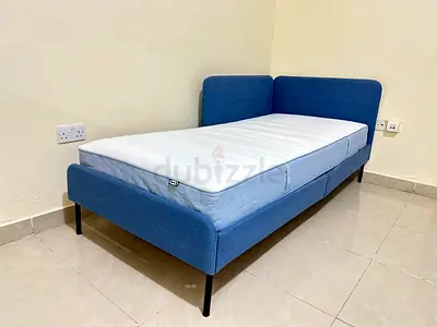 Single Bed Frame with Mattress - Blue Upholstery, Good Condition