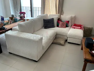 White L-shaped Corduroy Fabric Sofa - Comfortable 4-Seater Corner Sofa plus armchair