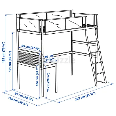 IKEA Mid Sleeper Loft Bed with Desk and Ladder - White/Metal Frame