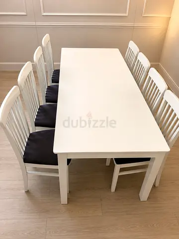 White 8-Seater Dining Table Set with Cushioned Chairs